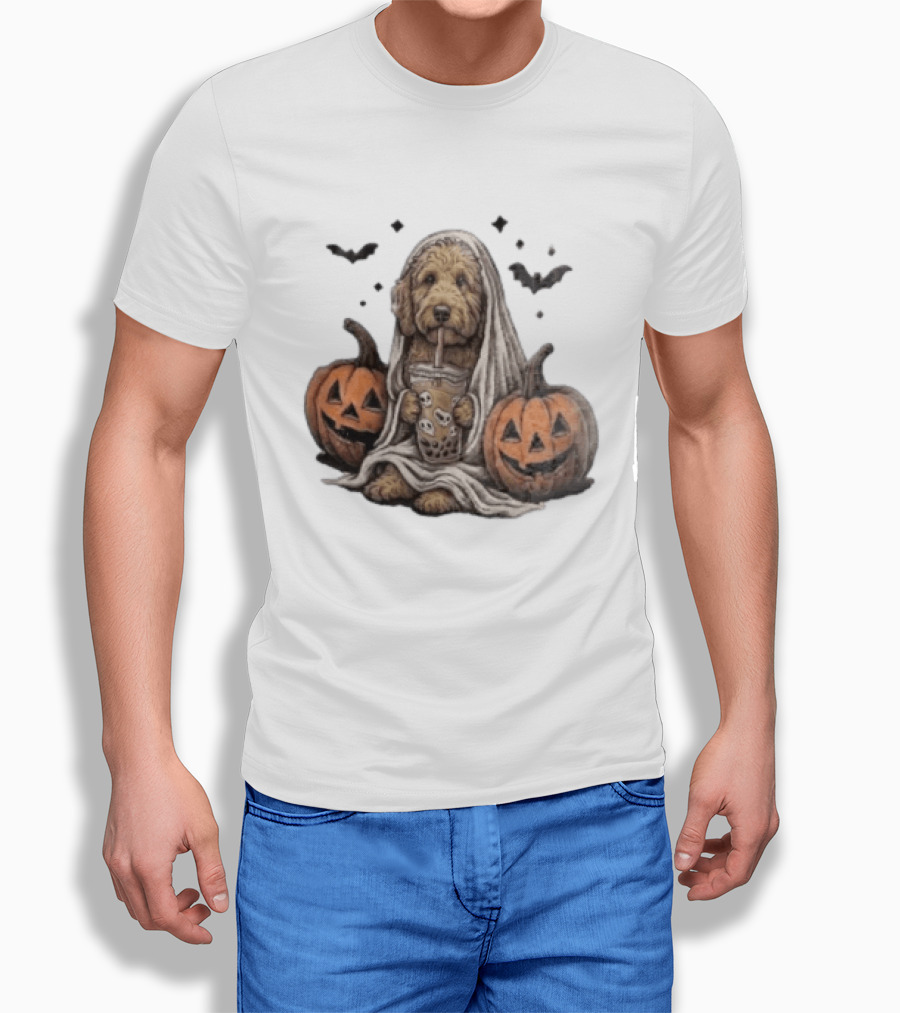 Goldendoodle Ghost With Boba Halloween Jack O'Lanterns And Bats T-Shirt