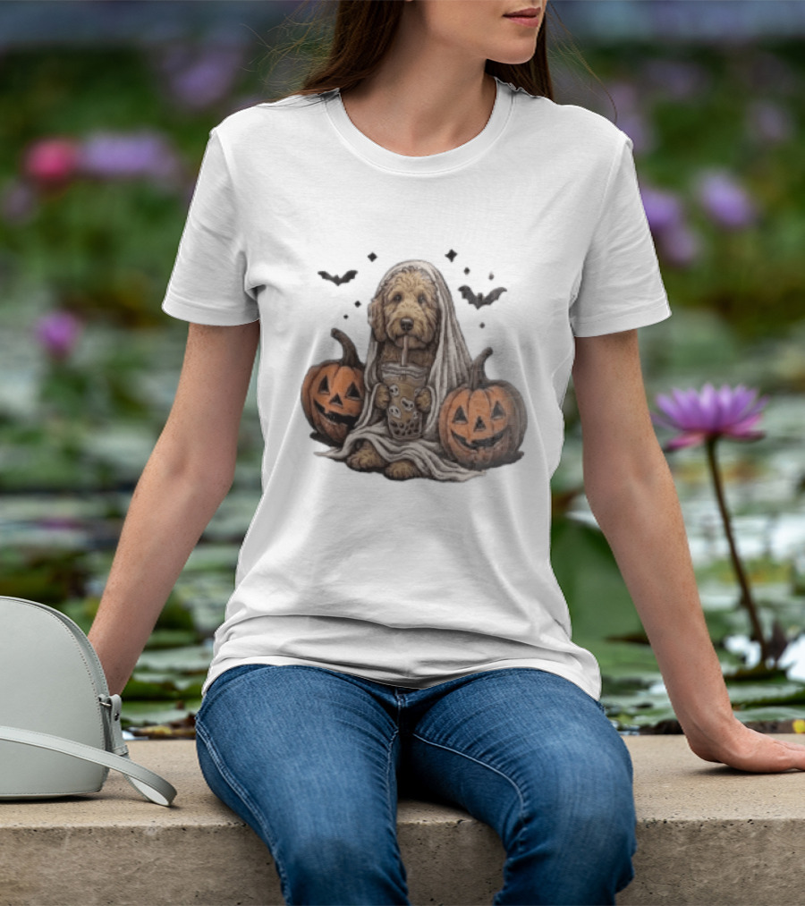 Goldendoodle Ghost With Boba Halloween Jack O'Lanterns And Bats T-Shirt