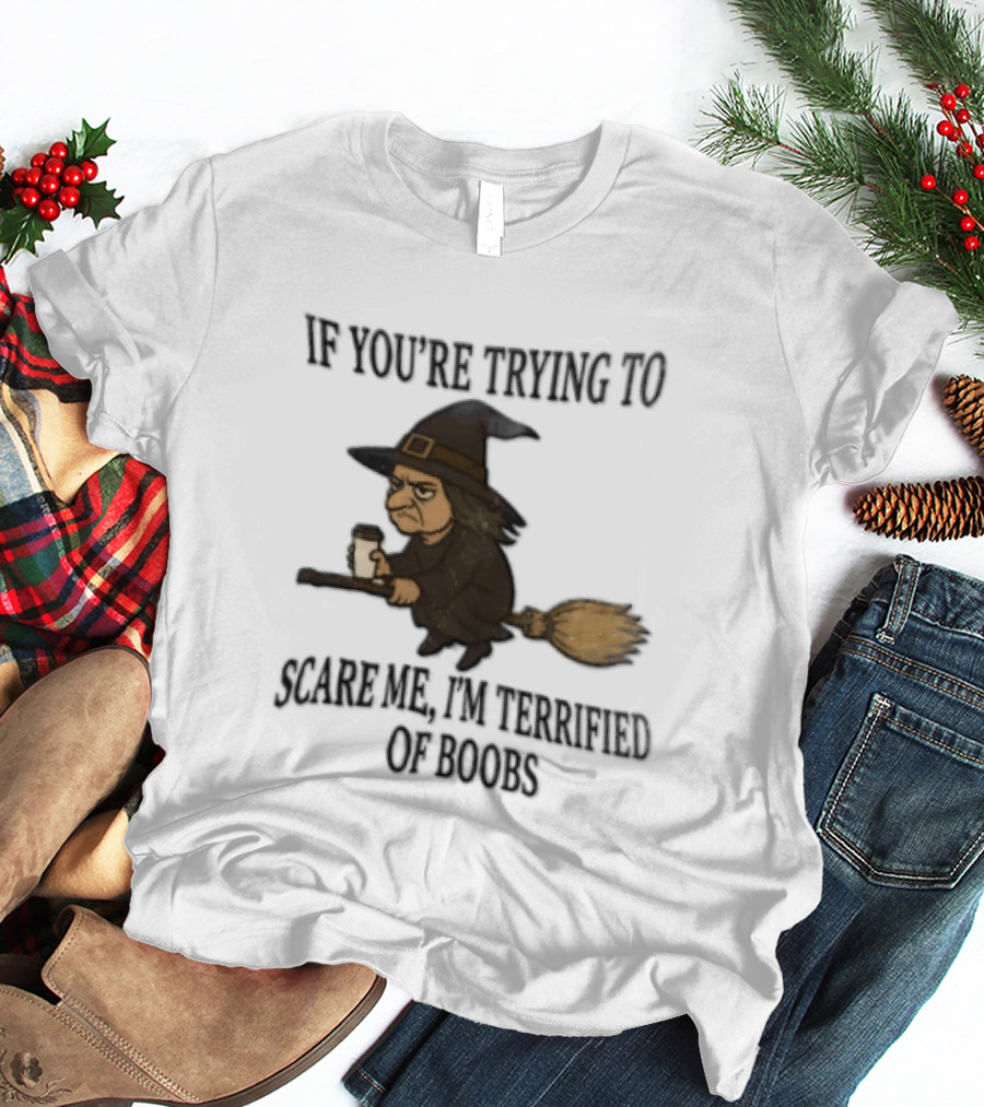 Witch Humor If You're Trying To Scare Me I'm Terrified Of Boobs Broomstick Flying T-Shirt