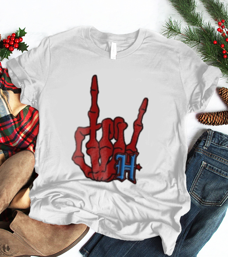 Red Skeleton Hand Sign With Blue H T-Shirt