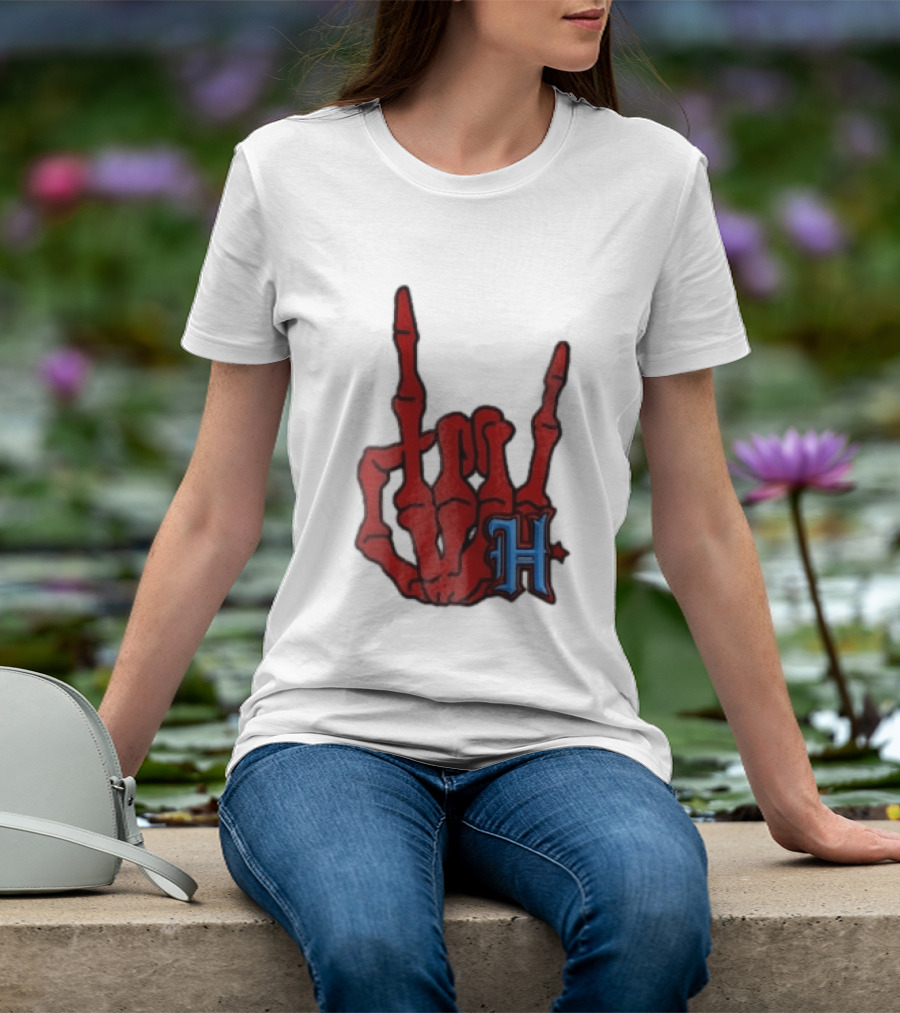 Red Skeleton Hand Sign With Blue H T-Shirt