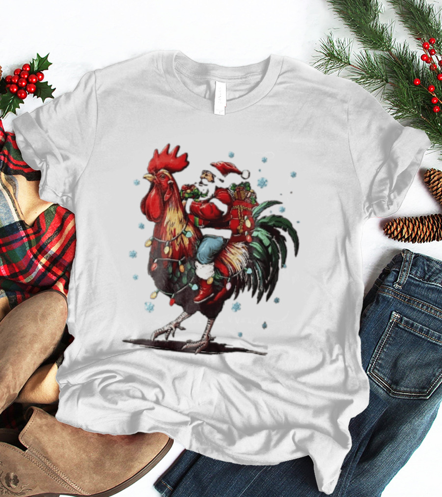 Caricature Santa Riding Rooster With Christmas Presents And Snowflakes T-Shirt