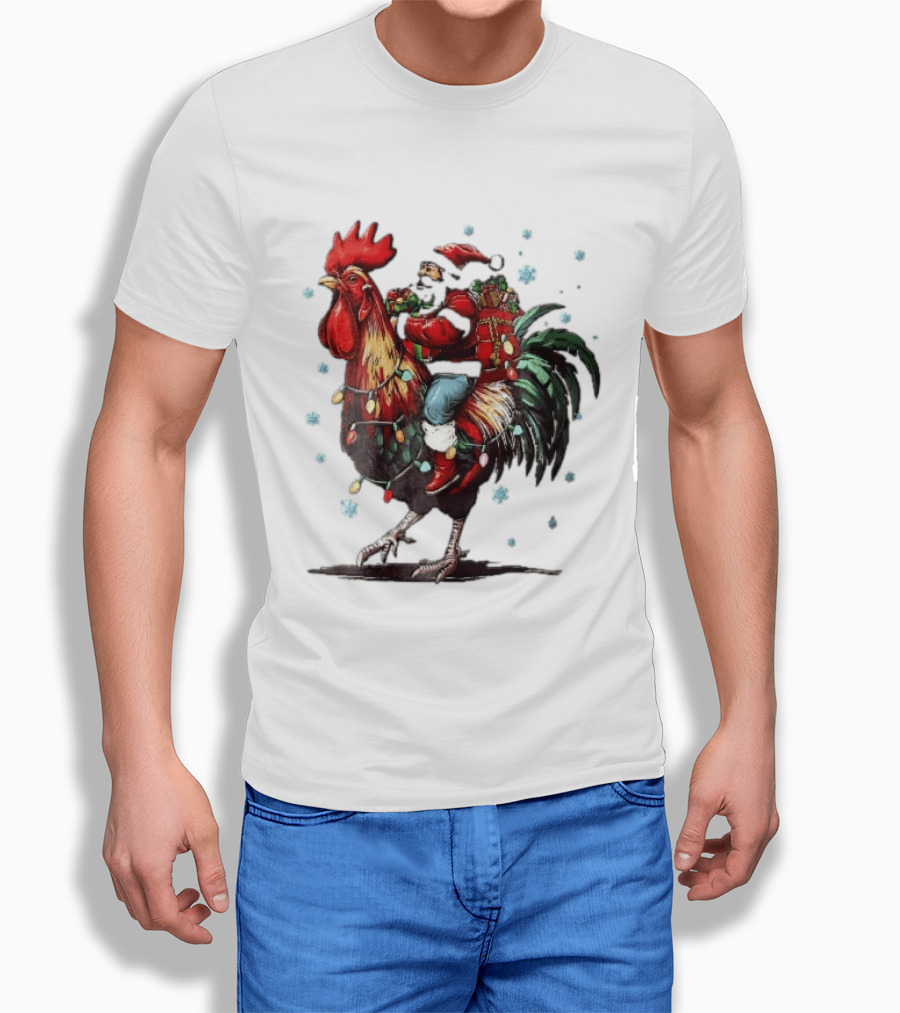 Caricature Santa Riding Rooster With Christmas Presents And Snowflakes T-Shirt
