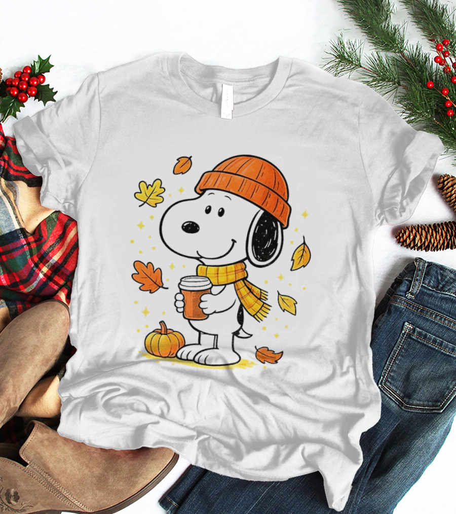 Snoopy Fall Autumn Coffee Pumpkin Leaves Warm Scarf Beanie Hat T-Shirt