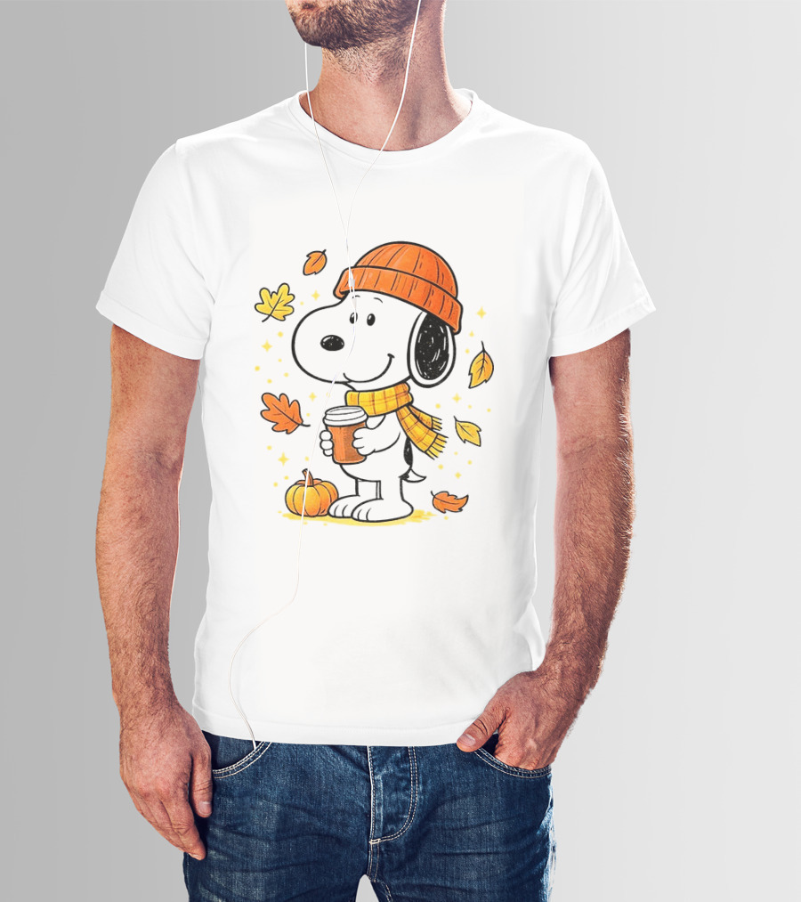 Snoopy Fall Autumn Coffee Pumpkin Leaves Warm Scarf Beanie Hat T-Shirt