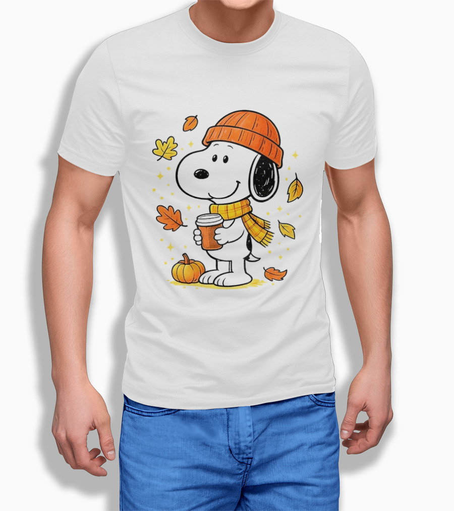 Snoopy Fall Autumn Coffee Pumpkin Leaves Warm Scarf Beanie Hat T-Shirt