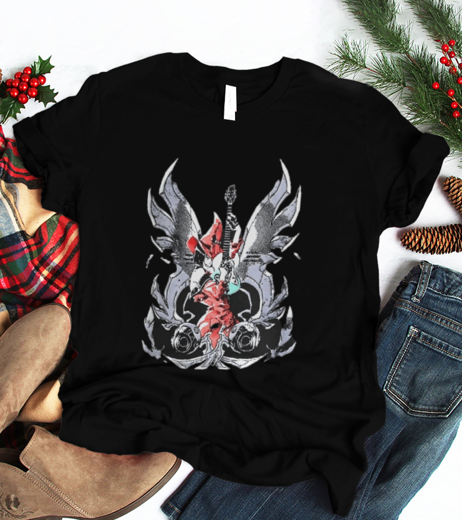 Anime Girl With Wings Holding Guitar Angelic Rock Star Fantasy T-Shirt