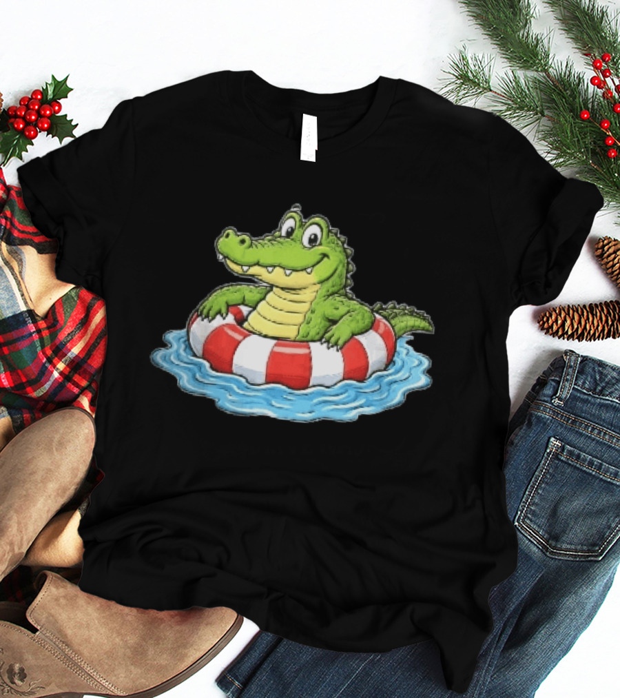 Cartoon Crocodile Relaxing In Red And White Life Buoy On Water T-Shirt