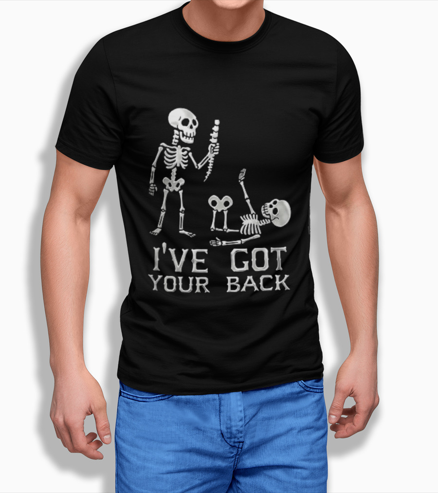 I've Got Your Back Skeleton Humor Holding Spine Over Fallen Body T-Shirt