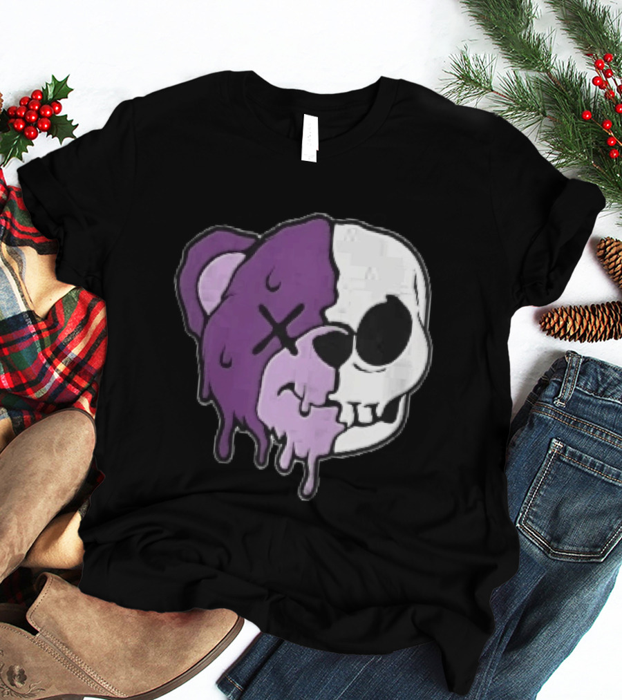 Dripping Purple Teddy Bear Skull Split Face Cartoon T-Shirt