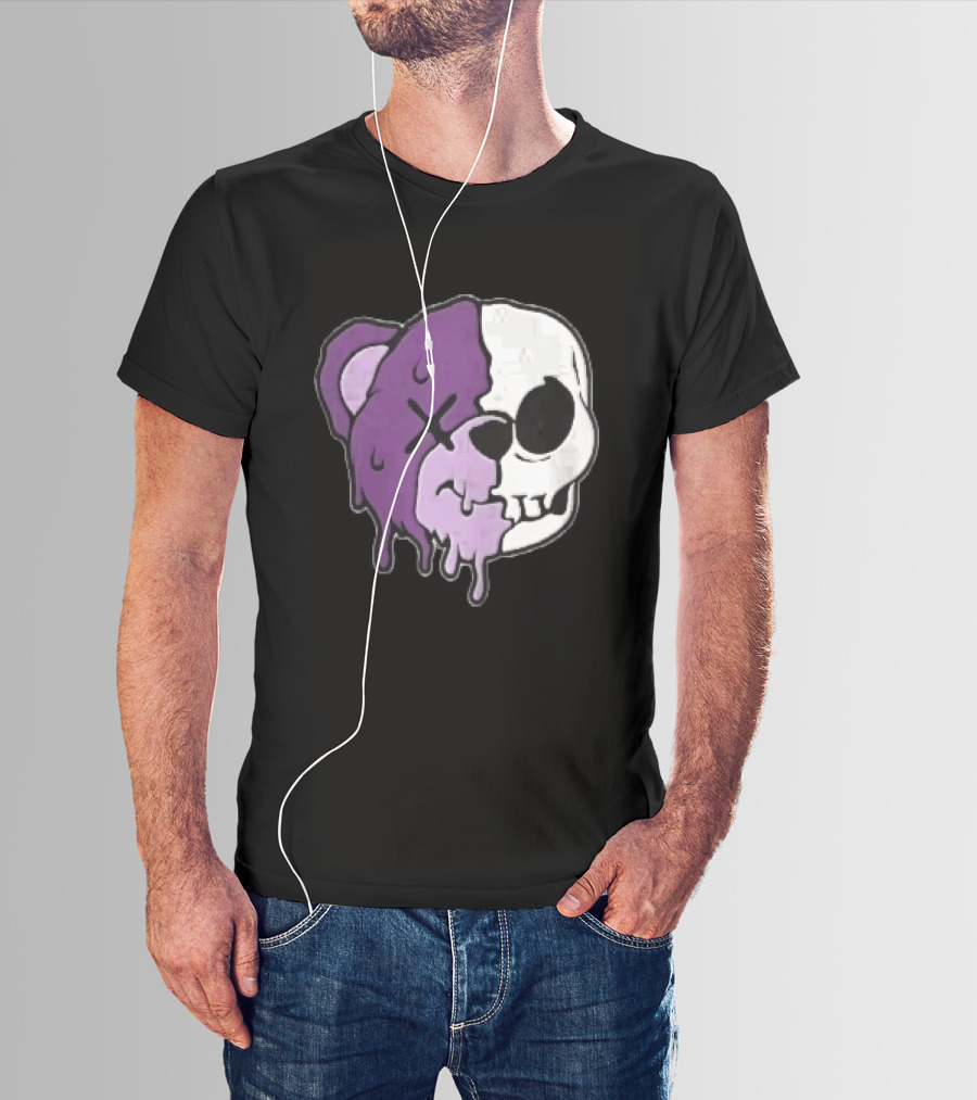 Dripping Purple Teddy Bear Skull Split Face Cartoon T-Shirt