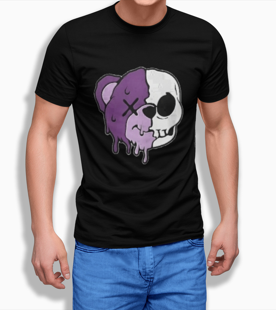 Dripping Purple Teddy Bear Skull Split Face Cartoon T-Shirt