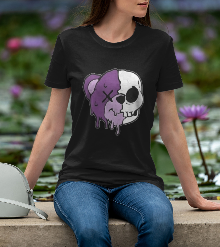 Dripping Purple Teddy Bear Skull Split Face Cartoon T-Shirt