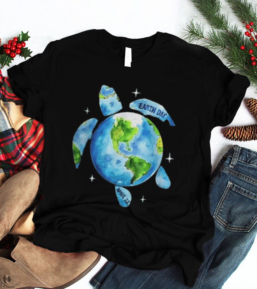 Earth Day April 22 Watercolor Globe Sea Turtle Outer Space T-Shirt