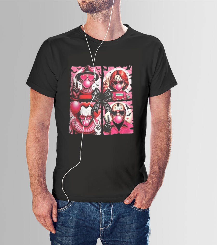 Heart Sunglasses Bubblegum Horror Villains With Peace Signs And Lace Bow T-Shirt