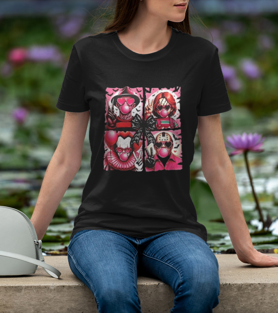 Heart Sunglasses Bubblegum Horror Villains With Peace Signs And Lace Bow T-Shirt