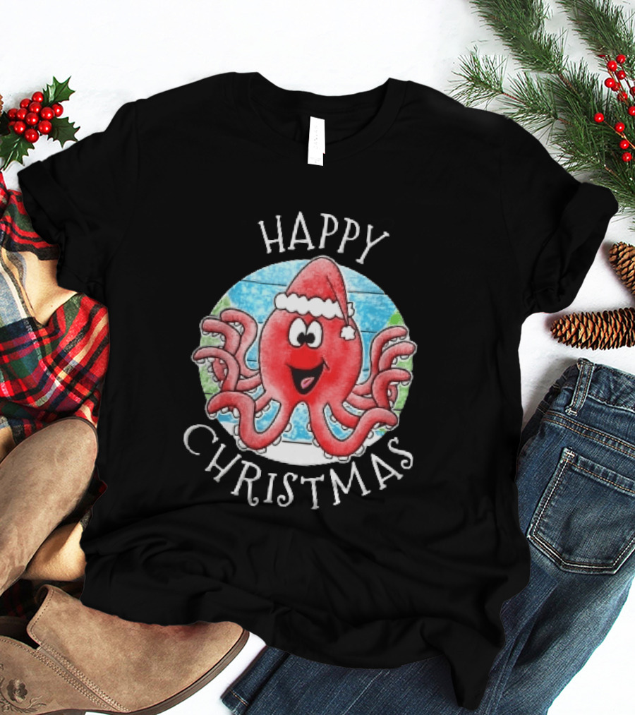Happy Christmas Red Octopus Santa Hat Ocean Scene T-Shirt