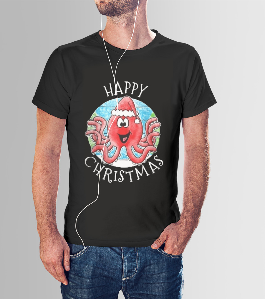 Happy Christmas Red Octopus Santa Hat Ocean Scene T-Shirt
