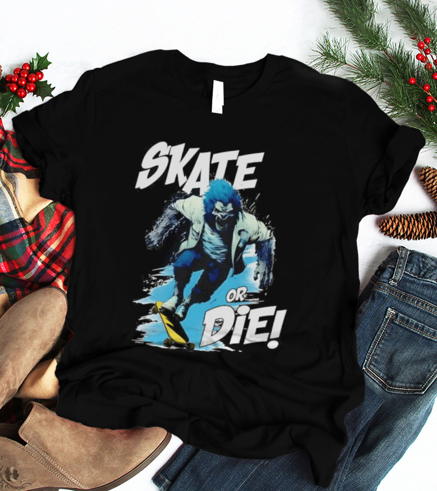 Skate Or Die Wolfy Classic Blue Werewolf Skateboarding T-Shirt