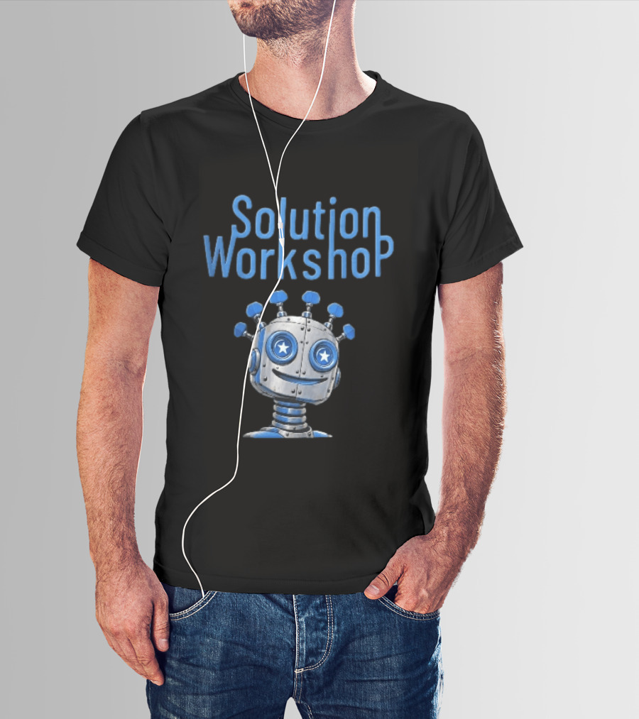 Solution Workshop Cartoon Metallic Robot Head With Star Eyes And Guitar Tuning Pegs T-Shirt