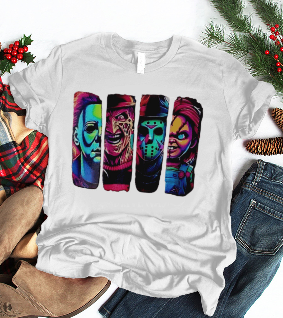 Fluorescent Horror Movie Slasher Faces Vertical Panels T-Shirt