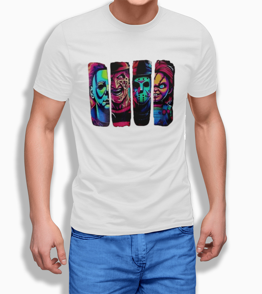 Fluorescent Horror Movie Slasher Faces Vertical Panels T-Shirt