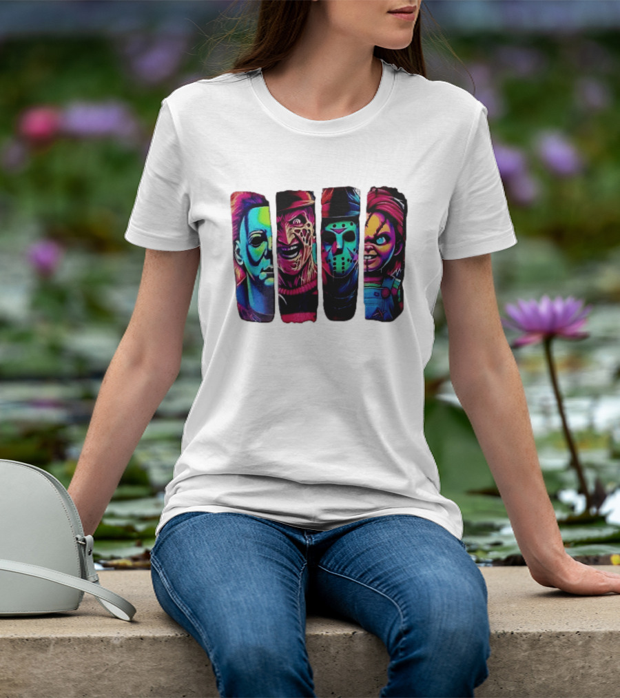 Fluorescent Horror Movie Slasher Faces Vertical Panels T-Shirt