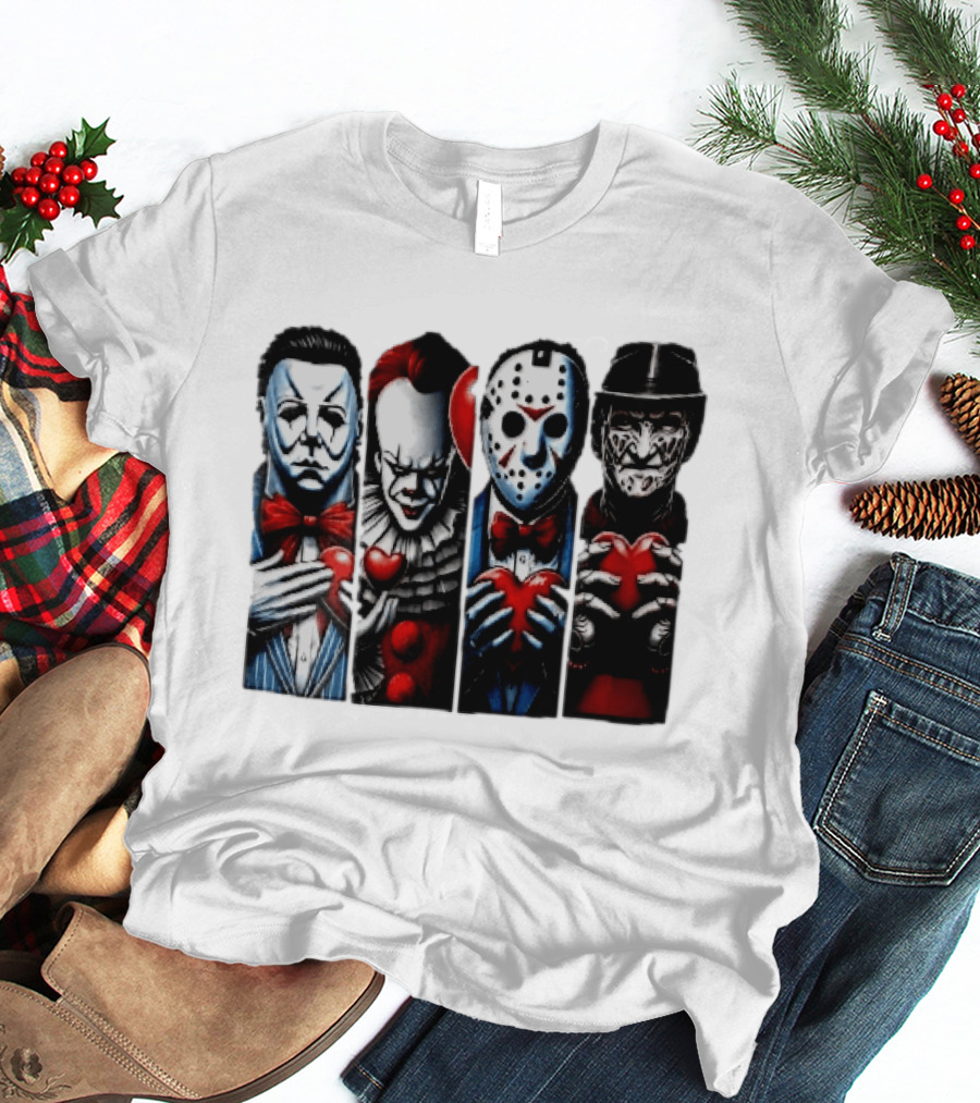 Classic Horror Villains With Red Valentine Hearts T-Shirt
