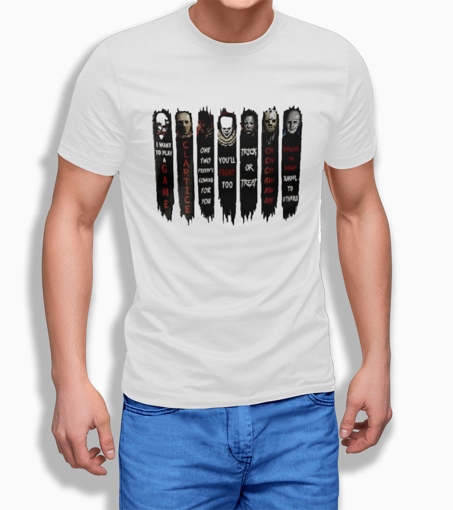 I Want To Play A Game Clarice You'll Float Too Trick Or Treat Horror Movie Villains Banners T-Shirt