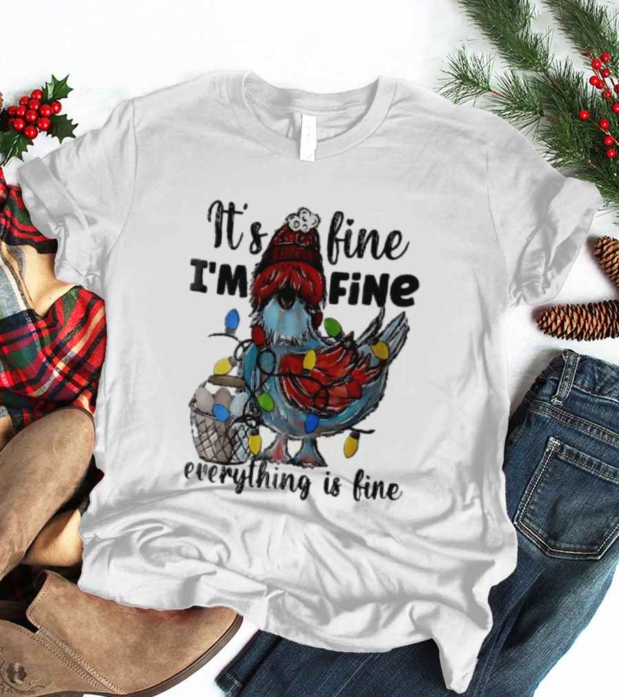 It's Fine I'm Fine Everything Is Fine Cartoon Chicken Tangled Christmas Lights T-Shirt