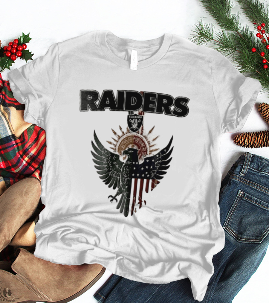 Las Vegas Raiders Mexican American Flag Split Aztec Eagle T-Shirt