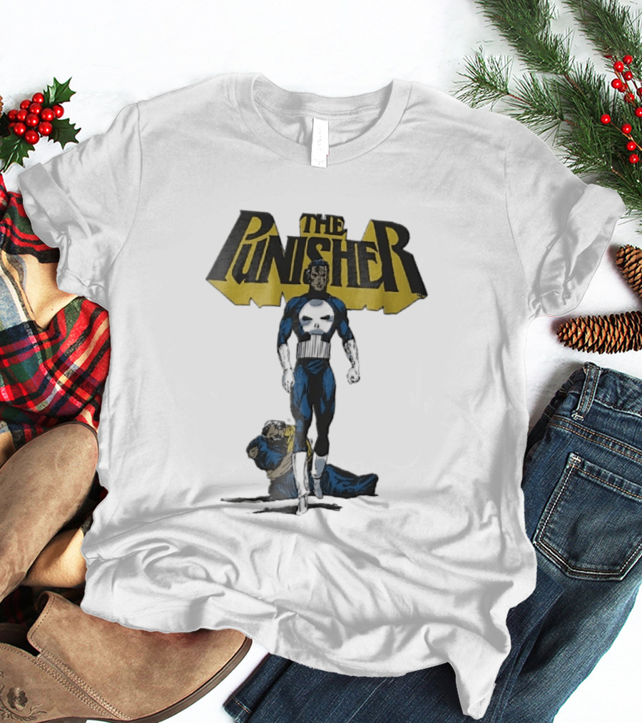 The Punisher Superhero Skull Comic Walking Scene With Defeated Man T-Shirt