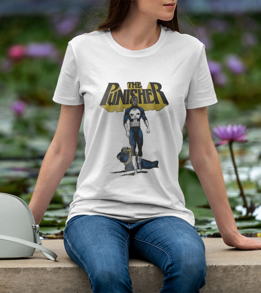 The Punisher Superhero Skull Comic Walking Scene With Defeated Man T-Shirt