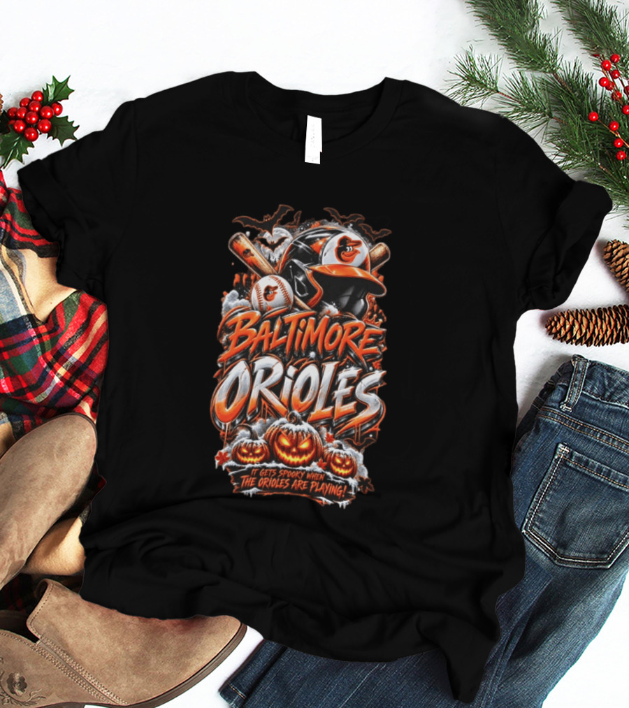 Baltimore Orioles MLB It Gets Spooky When They Are Playing Halloween Pumpkins Baseball T-Shirt