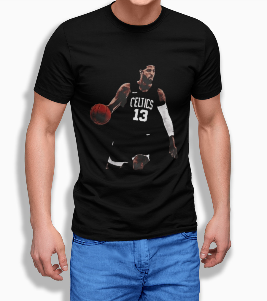 Boston Celtics 13 Bearded Basketball Player Dribbling Dark T-Shirt