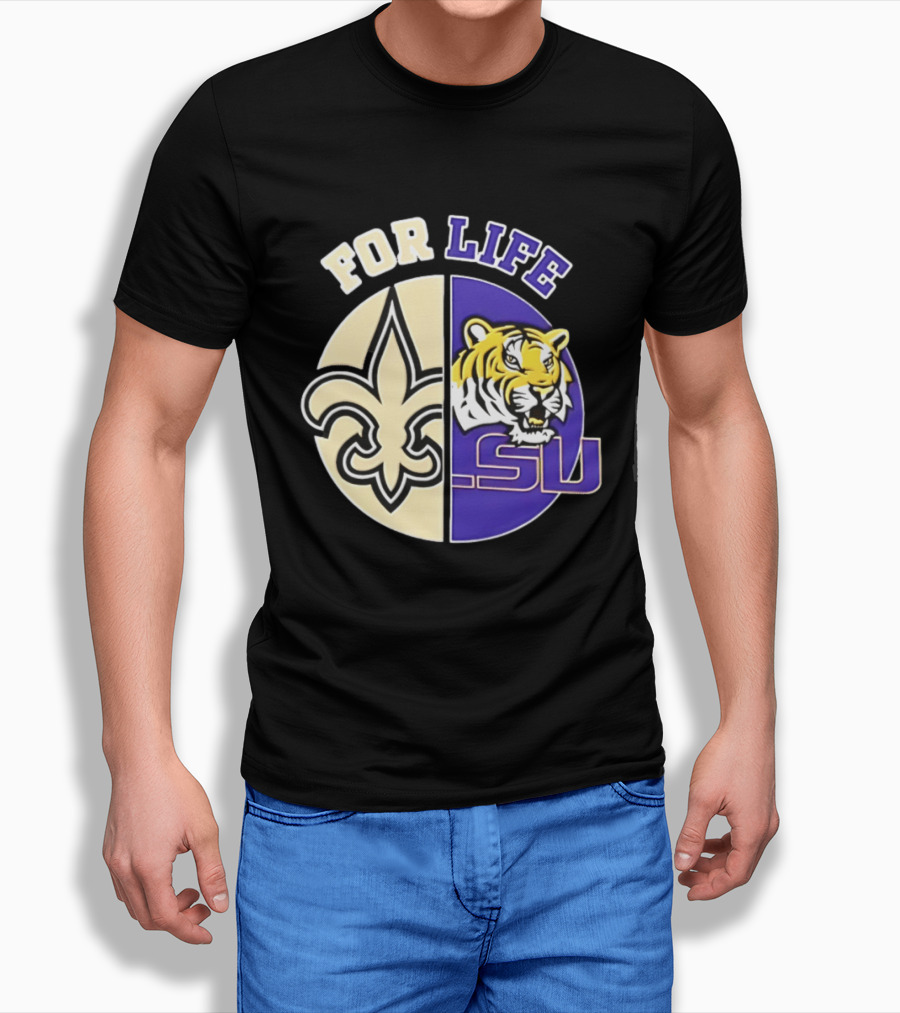 New Orleans Saints LSU Tigers For Life Logo Tiger Fleur De Lis T-Shirt