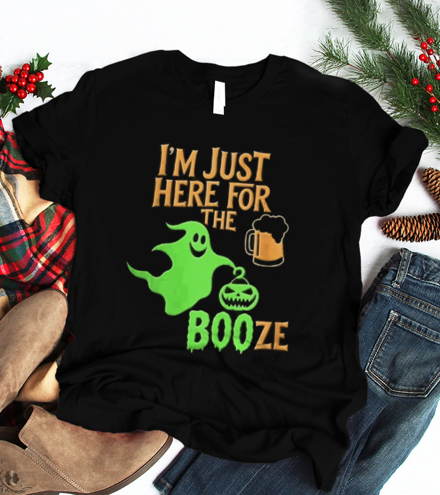 I'm Just Here For The Booze Green Ghost Pumpkin Lantern Beer T-Shirt