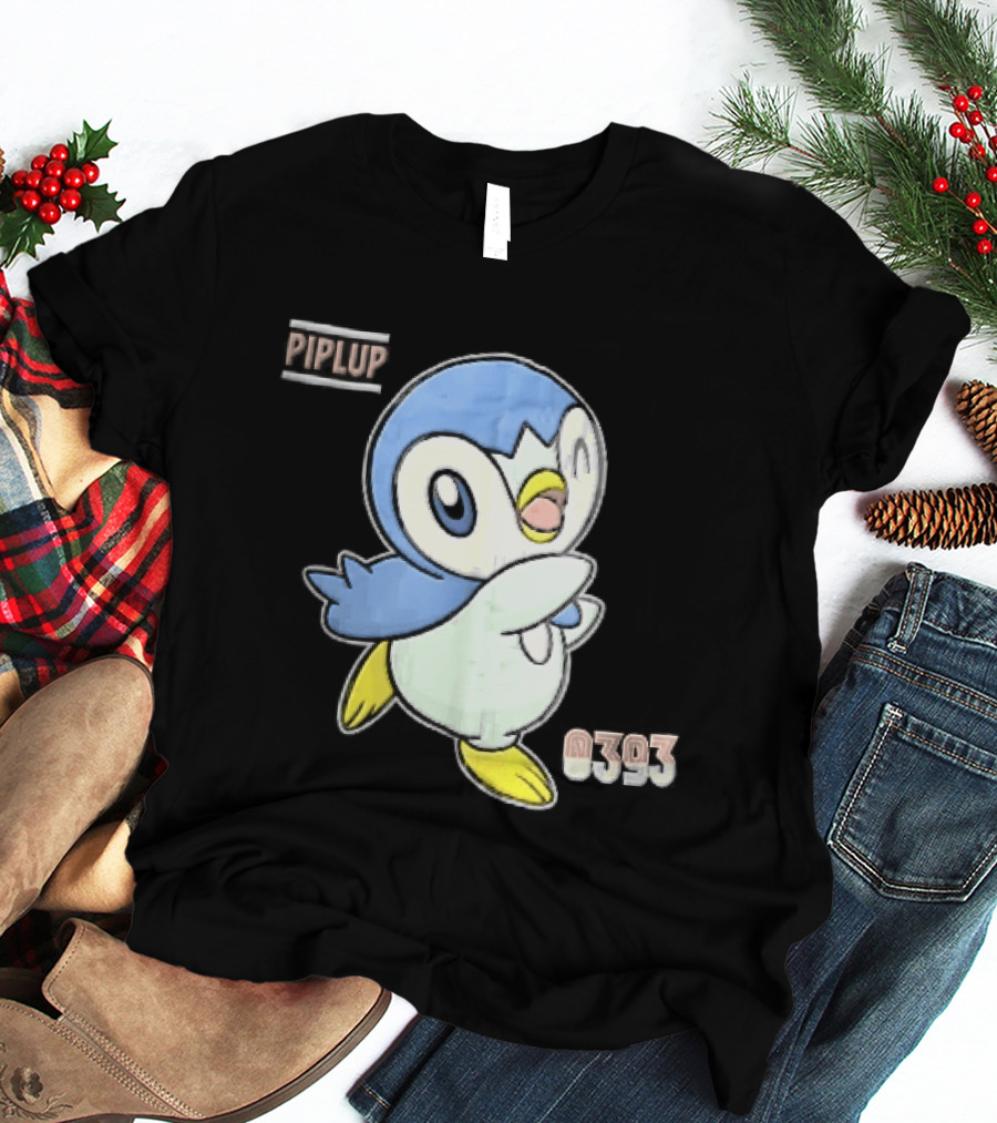 Piplup 0393 Cartoon Penguin Waving Paper Crease Sticker Yellow Feet T-Shirt