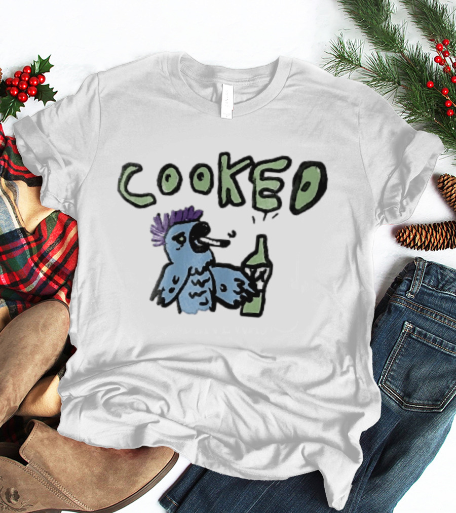 Cooked Cartoon Blue Parrot Smoking Cigarette Holding Alcohol Bottle T-Shirt