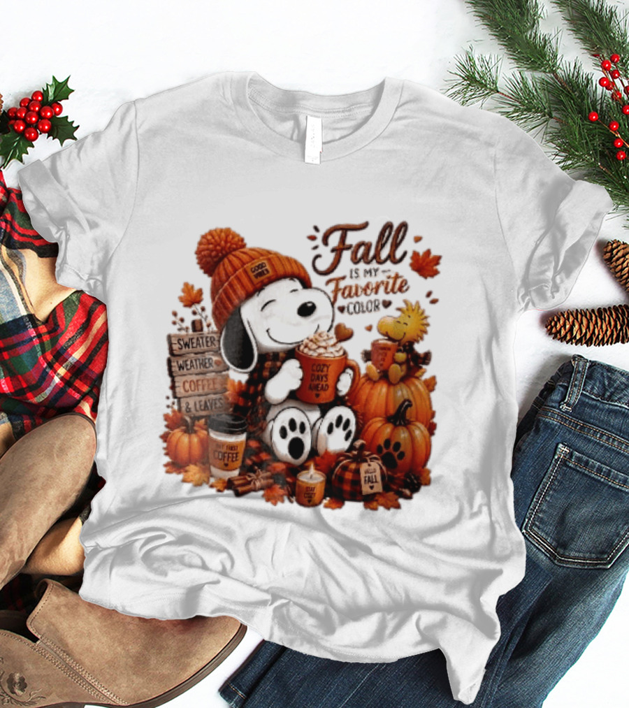 Fall Is My Favorite Color Sweater Weather Coffee Leaves Cozy Days Cartoon Dog Bird Pumpkins T-Shirt