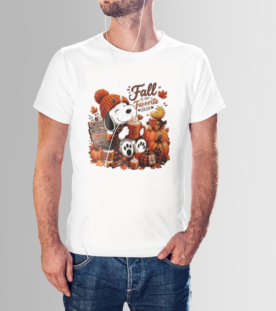 Fall Is My Favorite Color Sweater Weather Coffee Leaves Cozy Days Cartoon Dog Bird Pumpkins T-Shirt