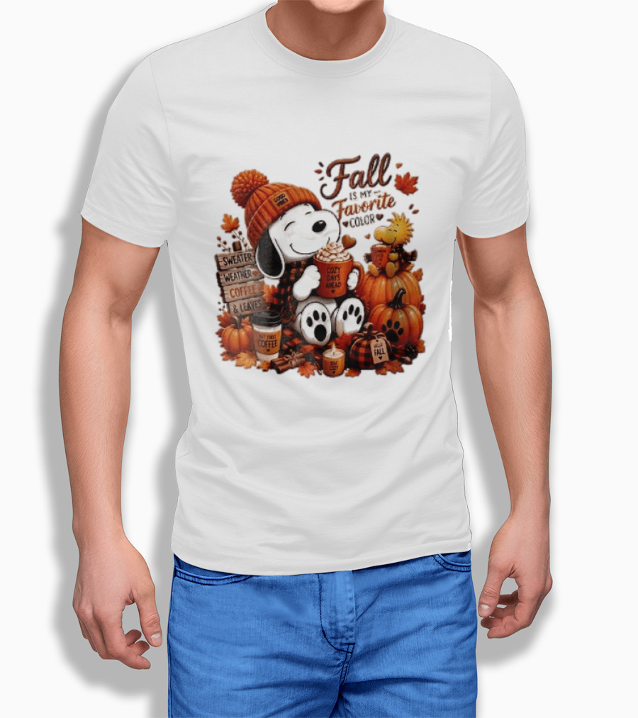 Fall Is My Favorite Color Sweater Weather Coffee Leaves Cozy Days Cartoon Dog Bird Pumpkins T-Shirt