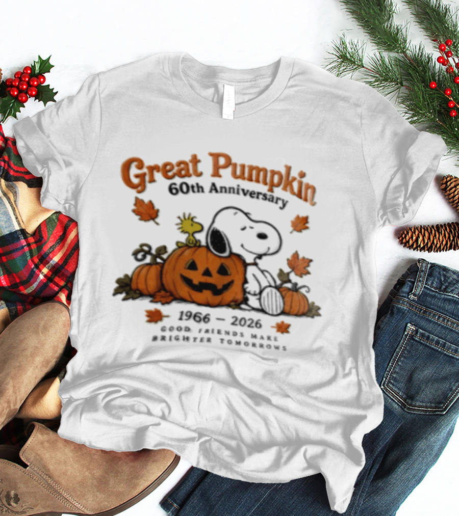 Great Pumpkin 60th Anniversary 1966 2026 Snoopy Woodstock Peanuts Good Friends Make Brighter Tomorrows T-Shirt