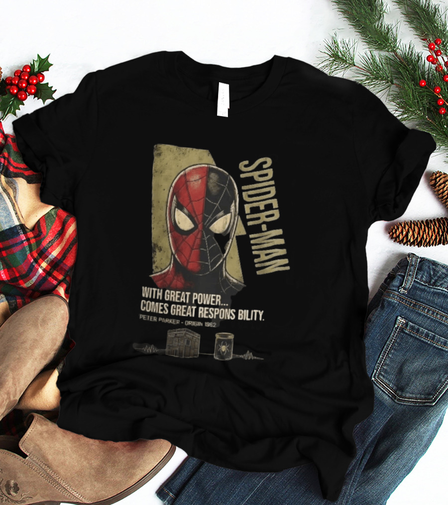 Spider Man With Great Power Comes Great Responsibility Peter Parker Origin 1962 Split Mask T-Shirt