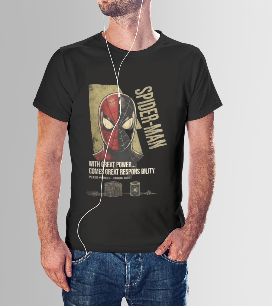 Spider Man With Great Power Comes Great Responsibility Peter Parker Origin 1962 Split Mask T-Shirt