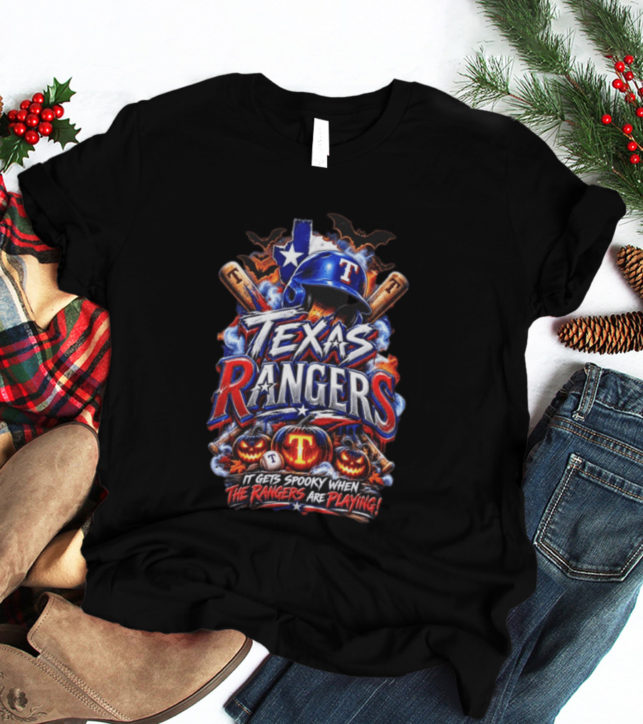 Texas Rangers Spooky Halloween Baseball Bats And Pumpkins T-Shirt
