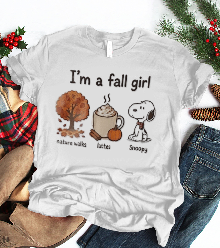 I'm A Fall Girl Nature Walks Lattes Snoopy Autumn Tree Pumpkin Coffee T-Shirt