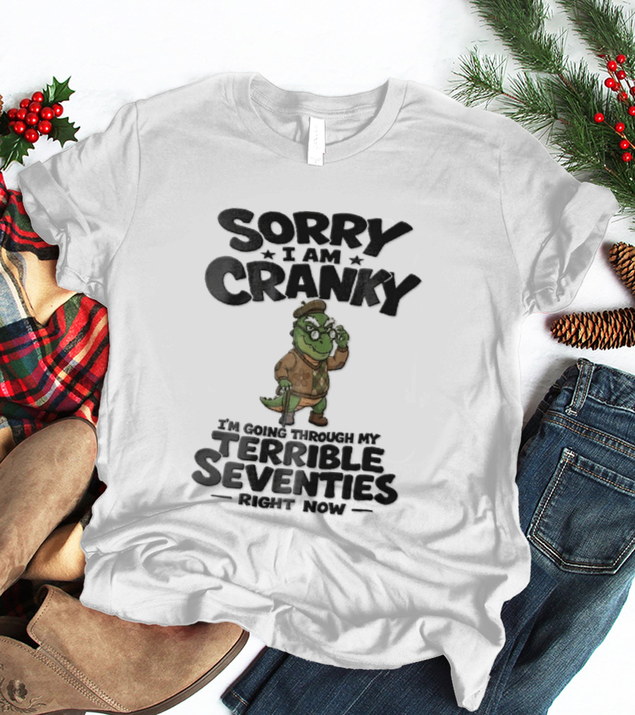 Sorry I Am Cranky Terrible Seventies Cartoon Elderly Alligator Cane Beret T-Shirt