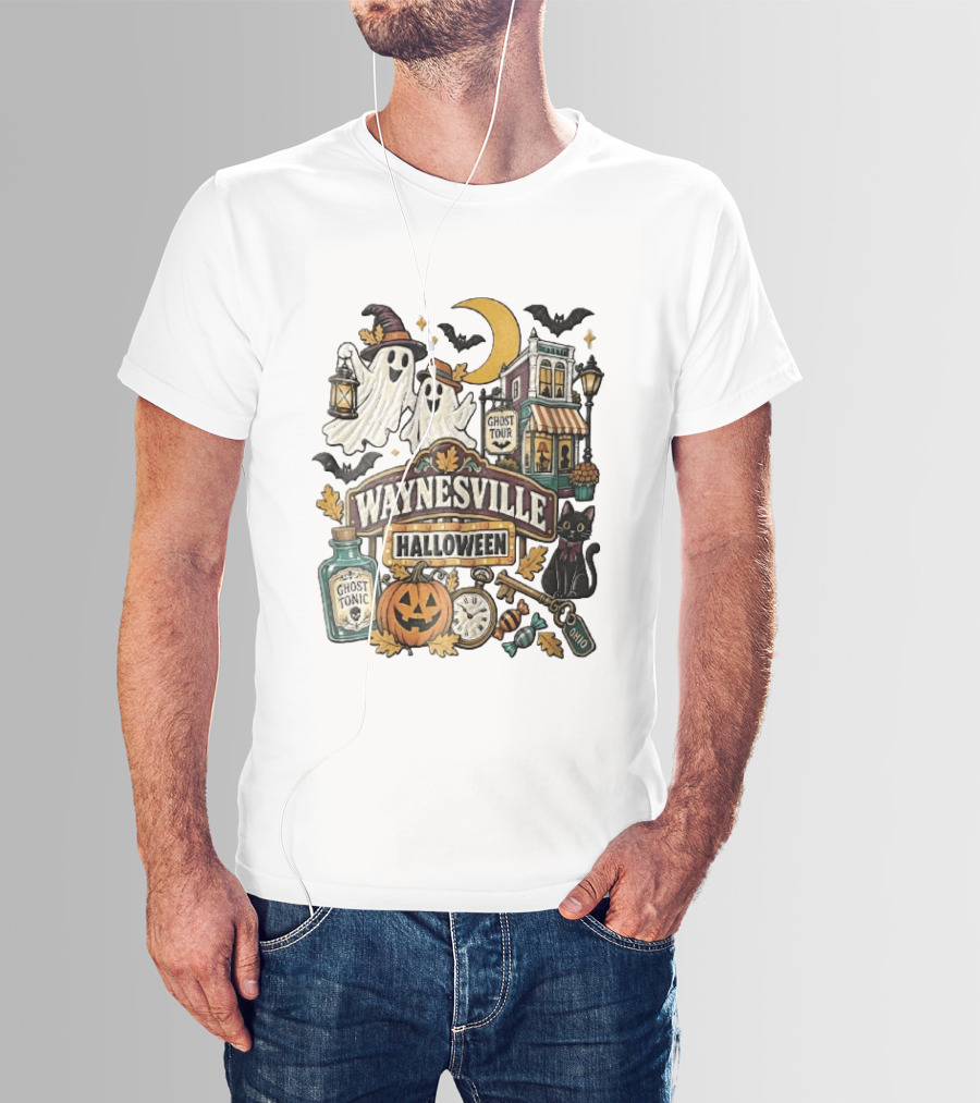 Waynesville Halloween Ghost Tour Ohio Cartoon Pumpkin Black Cat Crescent Moon Ghost Tonic Key T-Shirt