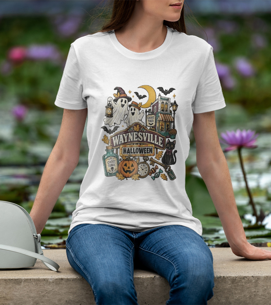 Waynesville Halloween Ghost Tour Ohio Cartoon Pumpkin Black Cat Crescent Moon Ghost Tonic Key T-Shirt